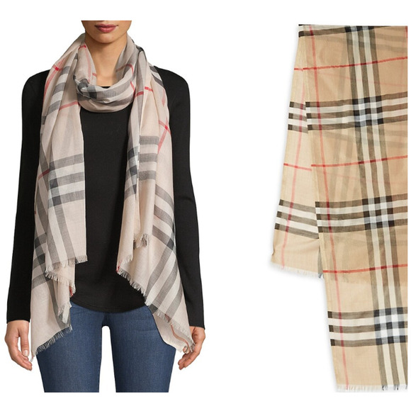 Burberry Women's Beige Check Gauze Wool Silk Wraparound Scarf Authentic MSRP$499 - Picture 1 of 7